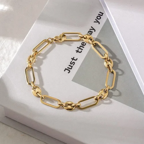 Vista 3 de Pulseras de grano de café con clip apiladas para mujer, cierre ajustable, chapado en oro, cadena de eslabones de acero inoxidable, Acero inoxidable