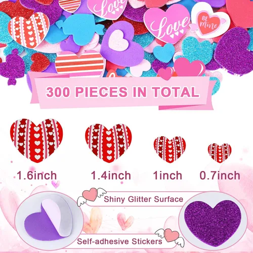 Vista 2 de JULBEAR 300 calcomanías de espuma de corazón para el día de San Valentín, con brillantina, autoadhesivas, coloridas calcomanías de espuma mixta