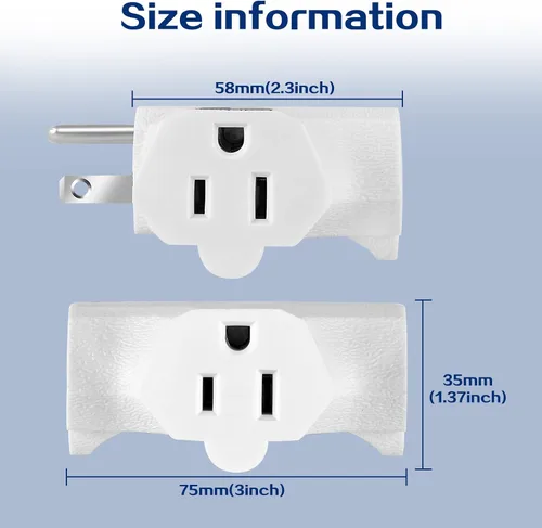 Vista 3 de Adaptador de pared de 3 tomacorrientes en forma de T, extensor de enchufe de 3 clavijas con conexión a tierra, 125 V 1875 W, enchufe de pared