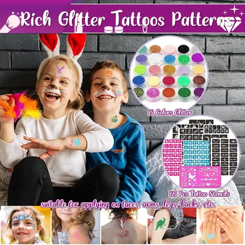 Vista 2 de TEUVO Kit de tatuaje con purpurina para niños con 25 colores, 225 plantillas, 6 bolígrafos, 2 hojas de diamantes de imitación, 5 pinceles, 3