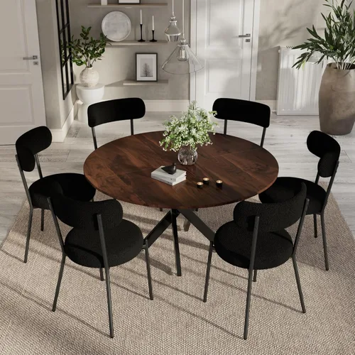 Vista 14 de Moderno juego de mesa de comedor redonda de 3 piezas, mesa de MDF circular negra y 2 sillas de comedor negras Boucle, muebles de cocina con marco