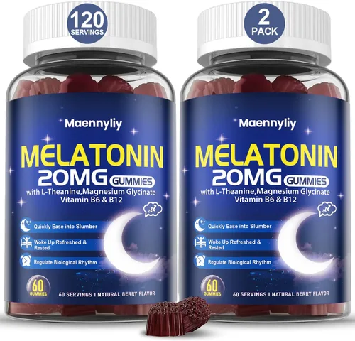 Vista 8 de Gomitas de melatonina de 20 mg para adultos - Gomitas de melatonina sin azúcar de fuerza extra con L-teanina, magnesio, ashwagandha, cúrcuma, D3