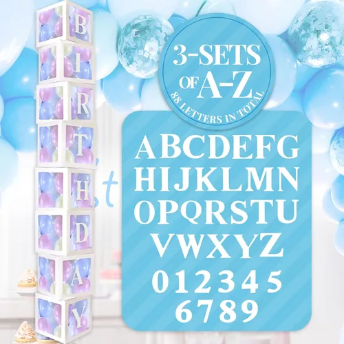 Vista 8 de Sratte Caja de globos con letras y números, cajas de bloques transparentes con luces LED para decoración de fiesta de ducha, cumpleaños, boda Blanco