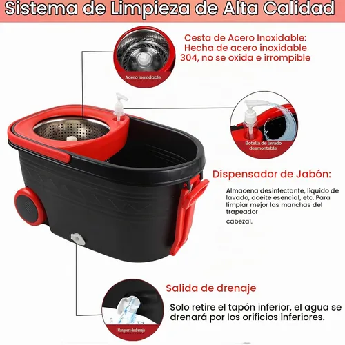 Vista 4 de Trapeador giratorio y cubo con escurridor en ruedas, sistema de cubo giratorio de 360° con 3 cabezales de repuesto de microfibra, mango extendido