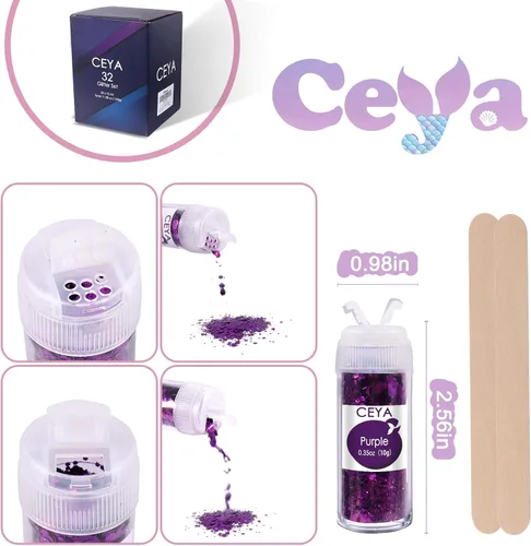 Vista 5 de Ceya Juego de purpurina gruesa de 32 colores, 11.28 onzas/11.29 oz de purpurina para manualidades en polvo mezclado con copos gruesos y finos cada