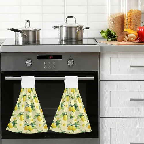 Vista 7 de Juego de 2 toallas de mano amarillas con lazo de fruta de limón y lazo de secado rápido, toallas suaves para cocina, platos de té, toallas