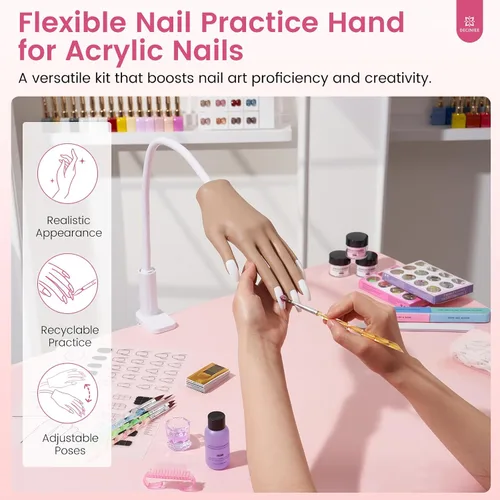 Vista 3 de Mano de práctica para uñas acrílicas Kit: Mano de silicona para práctica de uñas con kit de uñas para principiantes - Mano falsa flexible