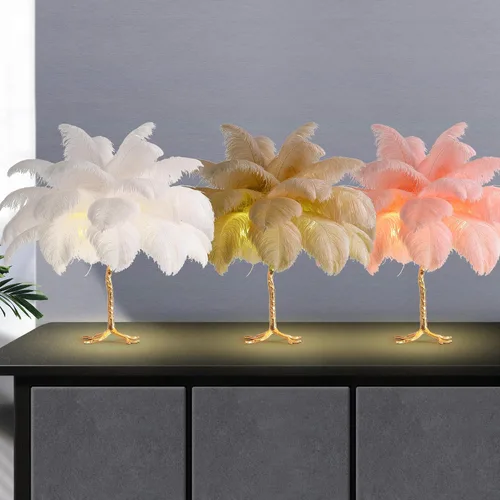 Vista 8 de MAYOLA Lámpara de mesa moderna de plumas de avestruz con cable enchufable, lámpara de pie de noche de 3 luces para sala de estar, dormitorio