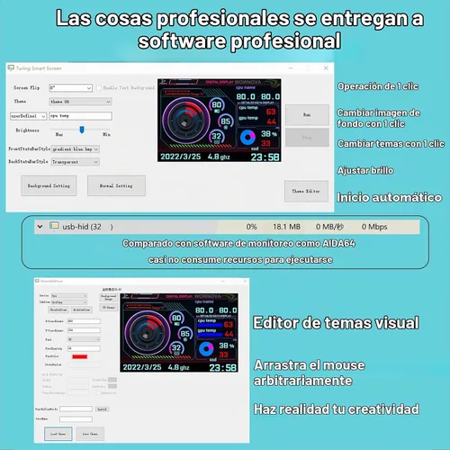 Vista 6 de WOWNOVA Monitor de temperatura de computadora versión en inglés, pantalla ARGB para PC, Mini pantalla IPS USB, monitor de datos HDD CPU RAM