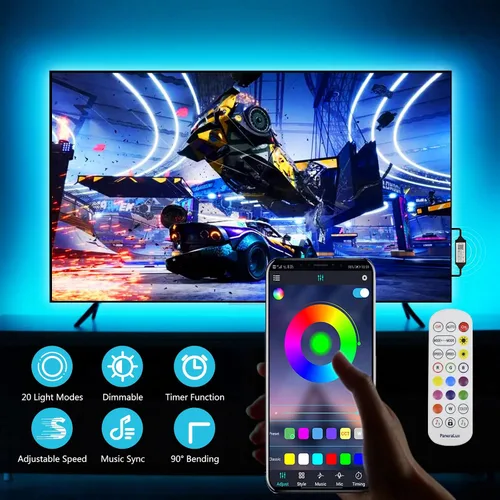 Vista 2 de Retroiluminación de TV, tira de luces LED RGB para computadora PC, 9.8 pies/9.8 ft detrás de TV, sincronización de música y función de temporizador