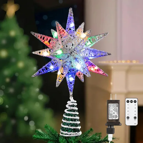 Vista 11 de Lewondr Decoración para árbol de Navidad, decoración de árbol de Navidad con forma de estrella en 3D con diseño de explosión de estrellas, control