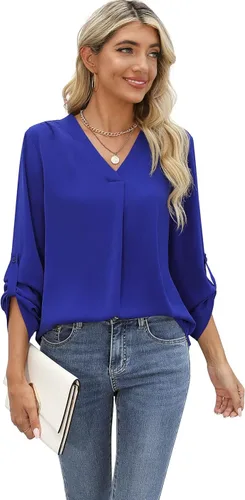 Vista 5 de QUEZHU Blusas de manga 34 para mujer, estilo casual, elegante, de gasa, cuello en V, blusas
