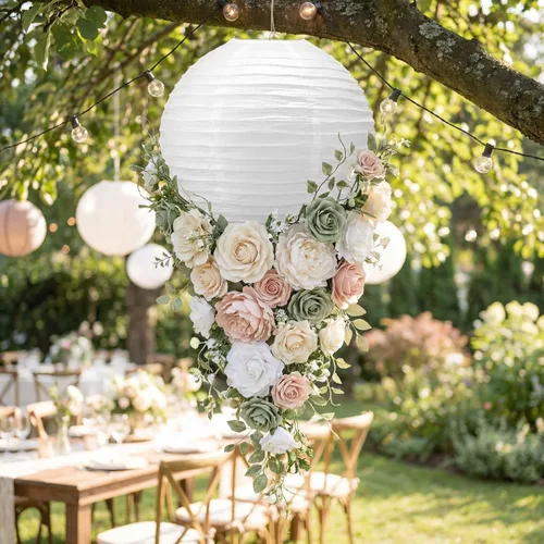 Vista 2 de Glooglitter 5 linternas grandes de papel blanco de 18 pulgadas, lámpara de papel redonda de luna china, lámparas japonesas gigantes colgantes