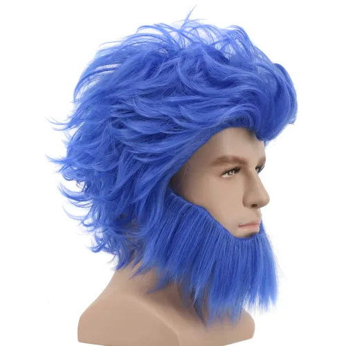 Vista 3 de yuehong Peluca azul rizada corta para hombre, cosplay de anime en capas
