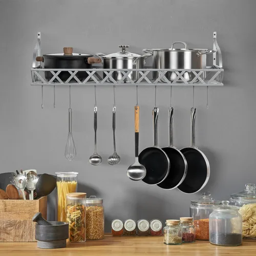 Vista 2 de MyGift Estante para ollas y sartenes de cocina de metal plateado montado en la pared con 12 ganchos en S extraíbles, almacenamiento de utensilios