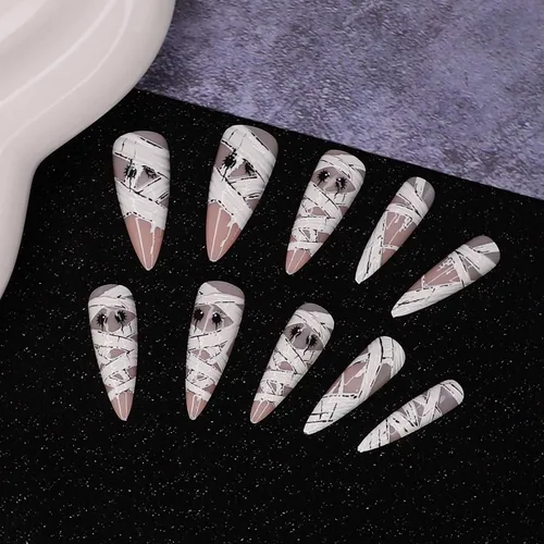 Vista 4 de Paquete de 6 144 uñas acrílicas de Halloween a presión, uñas postizas reutilizables de cobertura completa, uñas postizas adhesivas con pegamento
