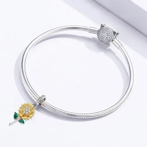 Vista 2 de Shysnow Pulseras de plata de ley 925 con dije de girasol, chapado en oro, circonita cúbica, con abalorios, brazalete, collar girasol 1