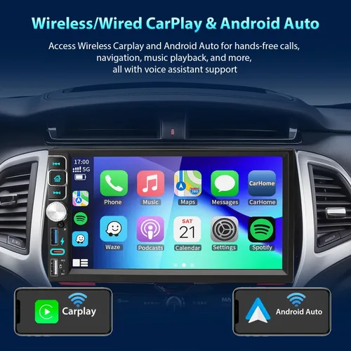Vista 2 de Estéreo para coche de doble din, 7 pulgadas, pantalla táctil inalámbrica CarPlay/Android Auto Bluetooth, radio AM/FM, USB tipo C