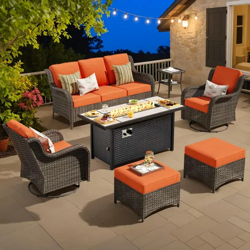 Vista 27 de Juego de muebles de exterior para patio, silla y sofá (ratán marrón, beige, 3 piezas)