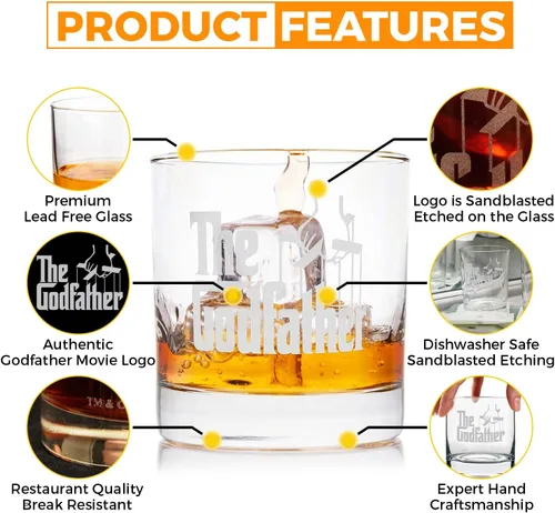 Vista 3 de Vaso de whisky oficial de Godfather Etched Rocks, con logotipo y cita "I'm gonna make him an offer he can't refuse", cristalería artesanal de alta