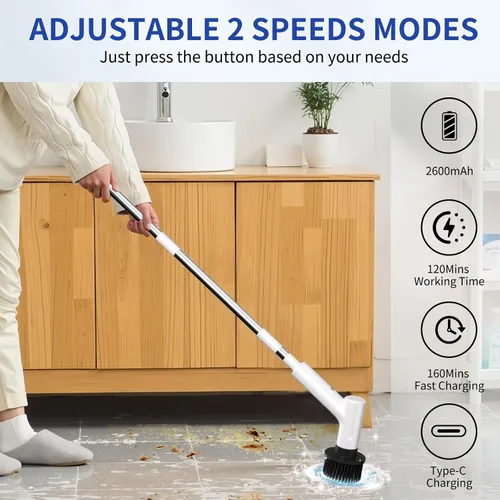 Vista 3 de Limpiador eléctrico giratorio, limpiador de ducha inalámbrico con 7 cabezales de cepillo de repuesto, IPX5 impermeable para baño con mango