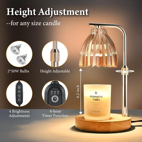 Vista 2 de Regalo para mujer: lámpara calentadora de velas de altura ajustable con temporizador y regulador de intensidad para velas en tarro 2 bombillas