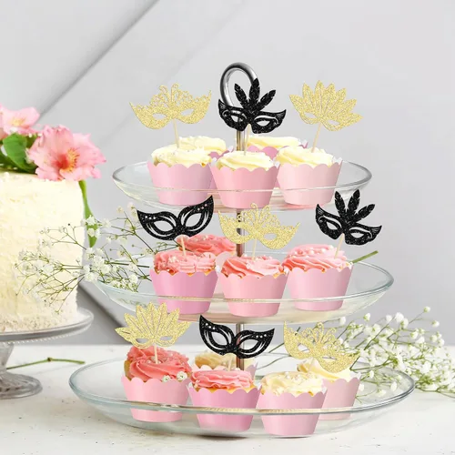 Vista 8 de 24 máscaras de mascarada, adornos para cupcakes, color negro y dorado con purpurina para despedida de soltera, para fiestas de cumpleaños, fiestas