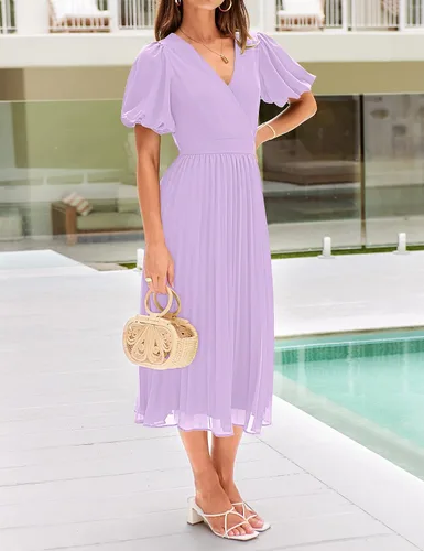 Vista 4 de MEROKEETY Vestido midi plisado con cuello en V y mangas abullonadas para mujer, para invitadas de boda