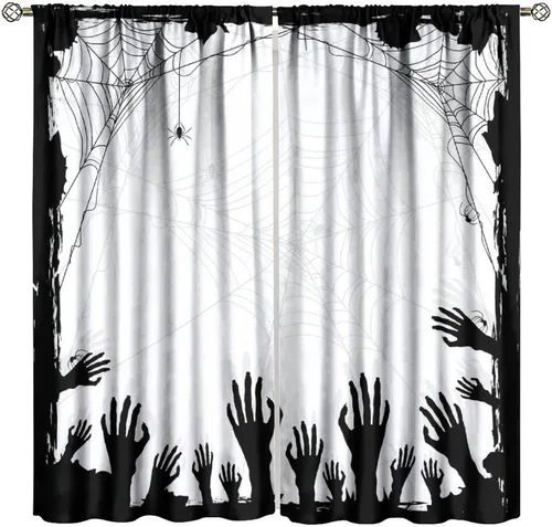 Vista 32 de Cortinas opacas de tela de araña aterradora para niños, tela de araña en blanco y negro, fondo rojo, dormitorio de niños, guardería, decoración