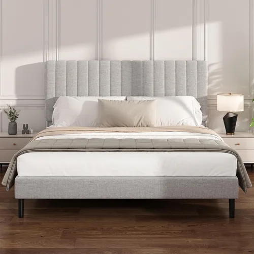 Vista 8 de Base de cama de plataforma de tamaño matrimonial con cabecera capitoné de canal vertical, no necesita somier, sin ruido, fácil montaje, terciopelo