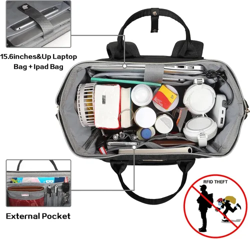 Vista 4 de Mochila Bolsa de Almuerzo, Mochila Refrigeradora Aislada Caja de Almuerzo Mochila para Laptop con Puerto USB para Mujeres y Hombres, Negro, Mochilas
