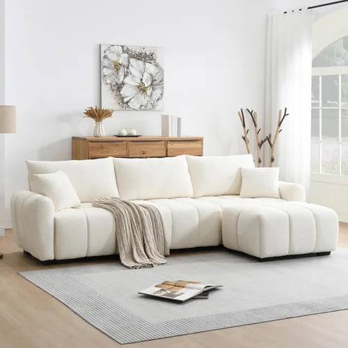 Vista 3 de Merax Moderno juego de sofá Boucle en forma de L con una otomana móvil y almohadas, sofá modular de 4 asientos con asiento extragrande para sala
