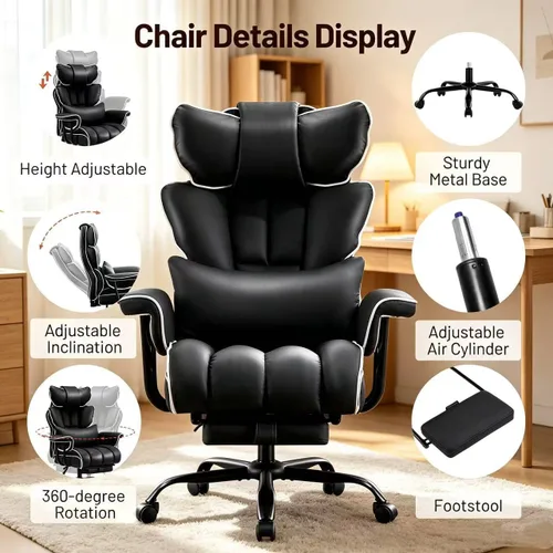 Vista 5 de Silla de oficina ejecutiva reclinable grande y alta, cuero Negro