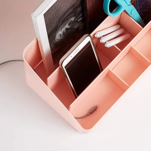 Vista 3 de Poppin Organizador de escritorio con 3 niveles, separadores deslizantes y extraíbles, estación de carga, organizador de espacio de trabajo todo