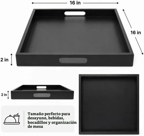 Vista 2 de Bandeja cuadrada de madera con asa, otomana decorativa para el hogar, 16 x 16 pulgadas, color negro