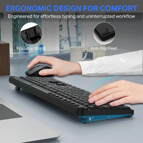 Vista 2 de E-YOOSO - Combo de teclado y mouse inalámbricos, teclado inalámbrico de computadora de tamaño completo y mouse óptico, combo inalámbrico USB sin