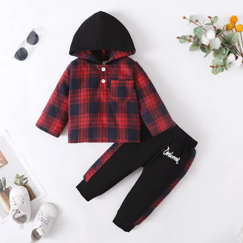 Vista 2 de VOLUOVO Conjunto de sudadera con capucha y bolsillo a cuadros para bebés y niños pequeños