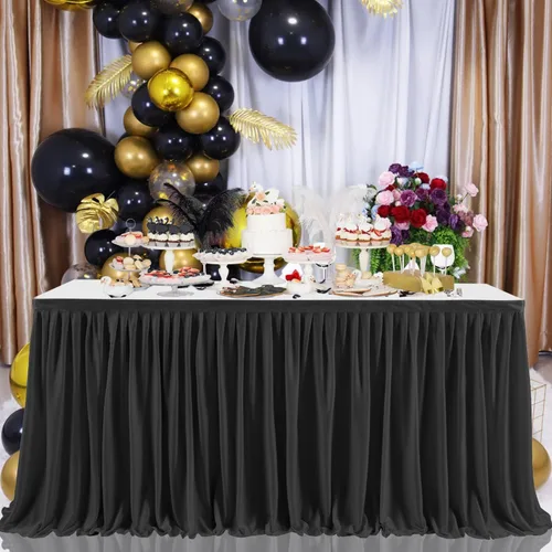 Vista 6 de Falda de mesa plisada negra de 5 pies de longitud para escritorio rectangular, baby shower, boda, cumpleaños, revelación de género, fiesta, postre