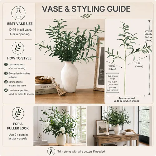 Vista 5 de FiveSeasonStuff Ramas de hoja de olivo artificial de 30.3 pulgadas, 6 tallos para jarrones Verde en ambos lados
