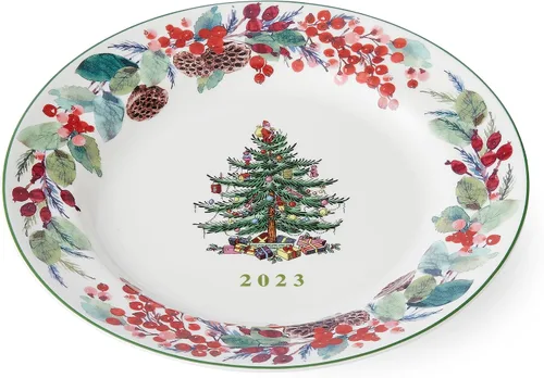Vista 3 de Spode Plato de coleccionista de árbol de Navidad, diseño exclusivo, árbol icónico con coralberries, vainas de loto y vegetación, regalo