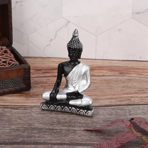 Vista 3 de Estatua de Buda - Adorno artesanal de resina, mejora el Feng Shui para budistas y amantes del arte (plata vintage)