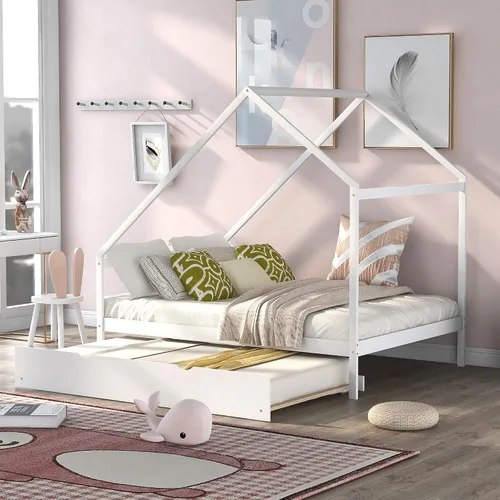 Vista 27 de Cama de madera maciza tamaño individual con techo, nido, 3 cajones de almacenamiento, sofá cama de plataforma para muebles de dormitorio, sala