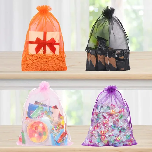 Vista 6 de Zwish Paquete de 100 bolsas de regalo de organza de 8 x 12 pulgadas, 10 colores sólidos mezclados para dulces, chocolate, fiesta, Navidad, regalo
