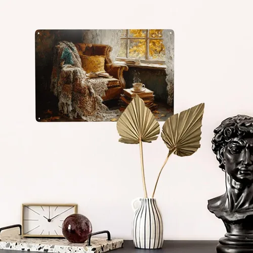 Vista 5 de Metal Tin Sign Cozy Autumn Reading Nook Plaque, 6x8 Inch Retro Oil Painting Art Wall Decor Metal Poster, Perfect For Creating Warm Reading