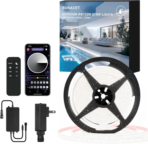 Vista 14 de Tira LED COB para exteriores de 20 pies, IP67, impermeable, 3000 K, luces blancas cálidas
