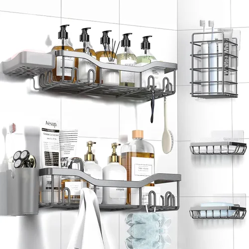 Vista 13 de NESOMI Organizador de Ducha Adhesivo Juego de 7 Piezas, Estantes de Baño de Acero Inoxidable a Prueba de Óxido, Accesorios de Almacenamiento sin