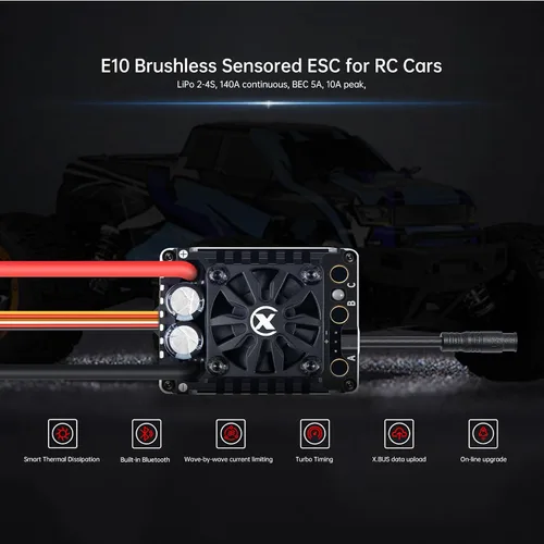 Vista 3 de XC E10 Sensored ESC sin escobillas para 1/10 RC Car,2-4S 140A Programación de aplicaciones Bluetooth, 6.0V/7.4V/8.4V BEC, Turbo Timing, protección