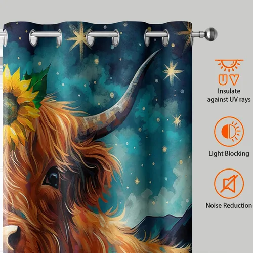 Vista 3 de HOSIMA Impresión 3D de pintura al óleo de las tierras altas de vaca y girasol cortinas para sala de estar, juego de 2 paneles de 45 pulgadas de Azul