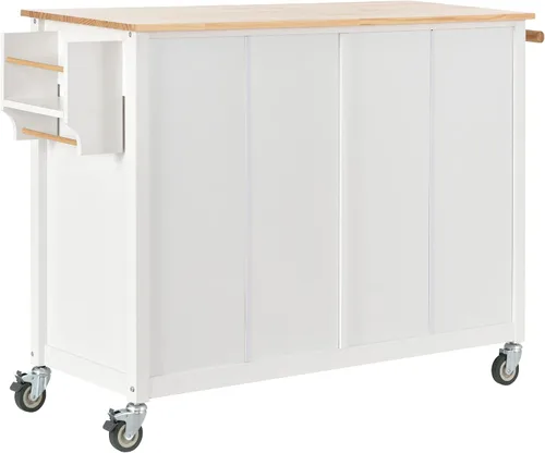 Vista 8 de Isla de cocina con ruedas con escritorio de madera maciza, mesa de isla de cocina con 2 cajones, carrito de isla de cocina con armario