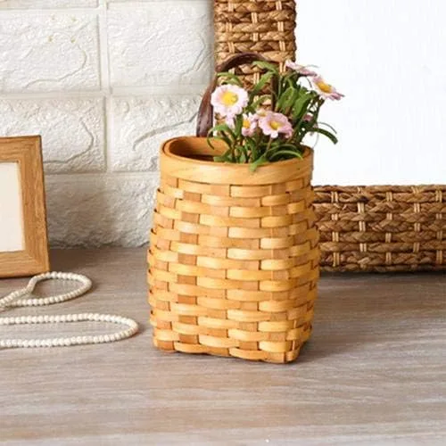 Vista 5 de Cesta colgante de mimbre tejida a mano, cesta de almacenamiento de madera portátil para colgar en la pared, cesta de flores, organizador de frutas